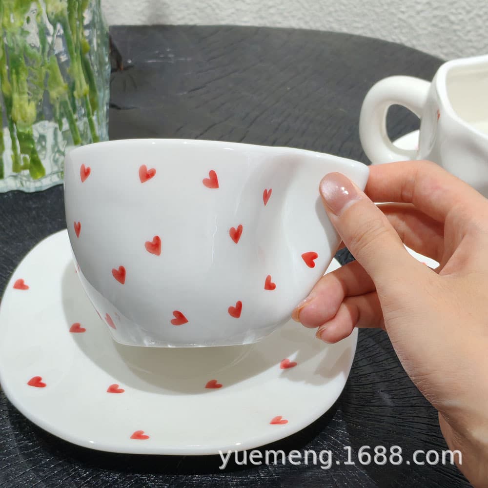 Handmade Red Ceramic Mug Love Heart High Gloss Under-glaze Irregular Coffee Cup Creative Mark Cup Cute
