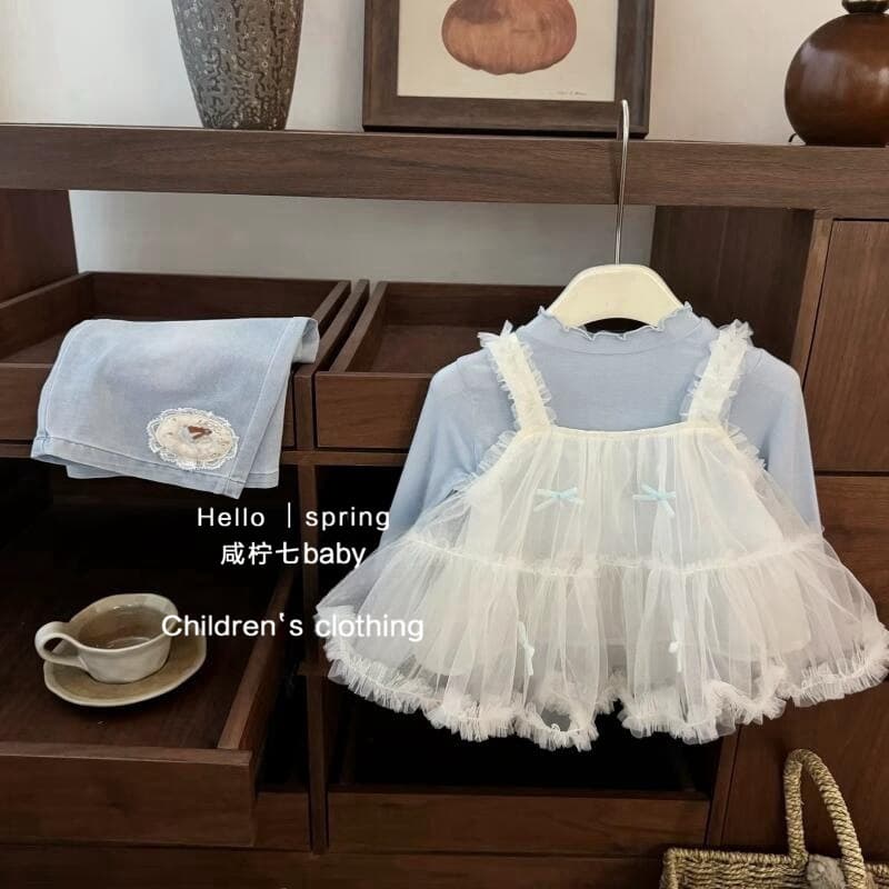 [Tian Xiaosi] Baby girl's mesh halter top with fungus bottoming shirt, wide-leg jeans, spring three-piece trendy set