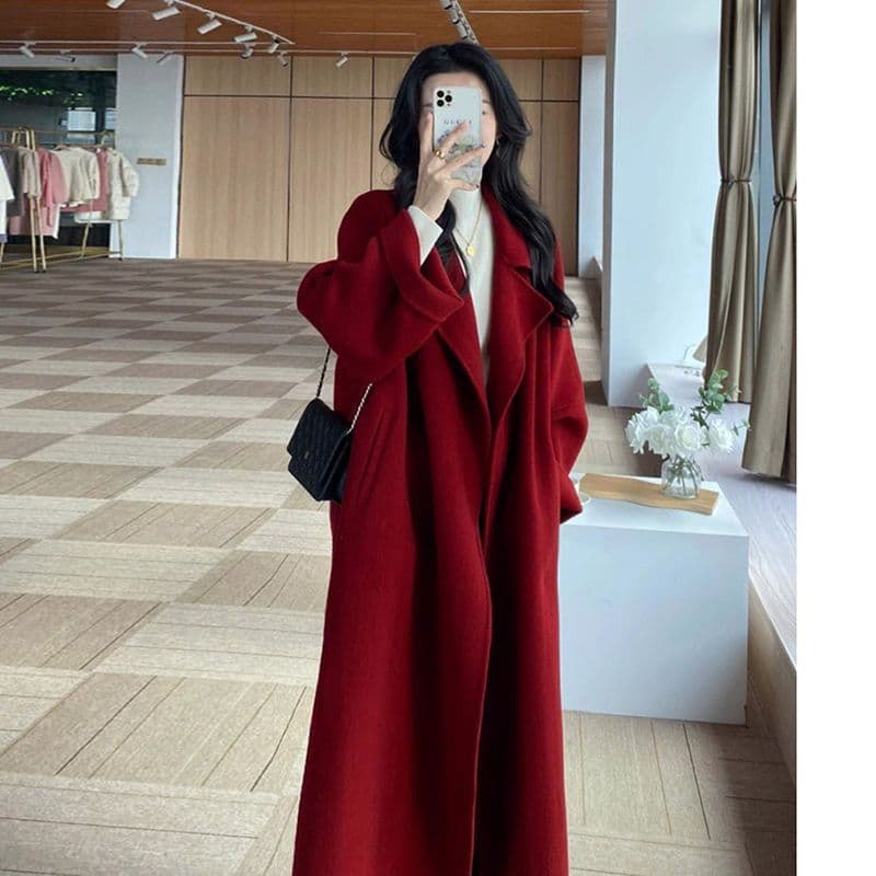 New High-End Loose Wool Coat for Women, Plus Size Autumn/Winter Versatile Mid-Length Red Coat for Petite Figures