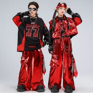Kids Hip-Hop Dance Costume Set, Red Shiny Leather Boys Girls Performance Outfit for Runway Shows and New Year's Day Performances