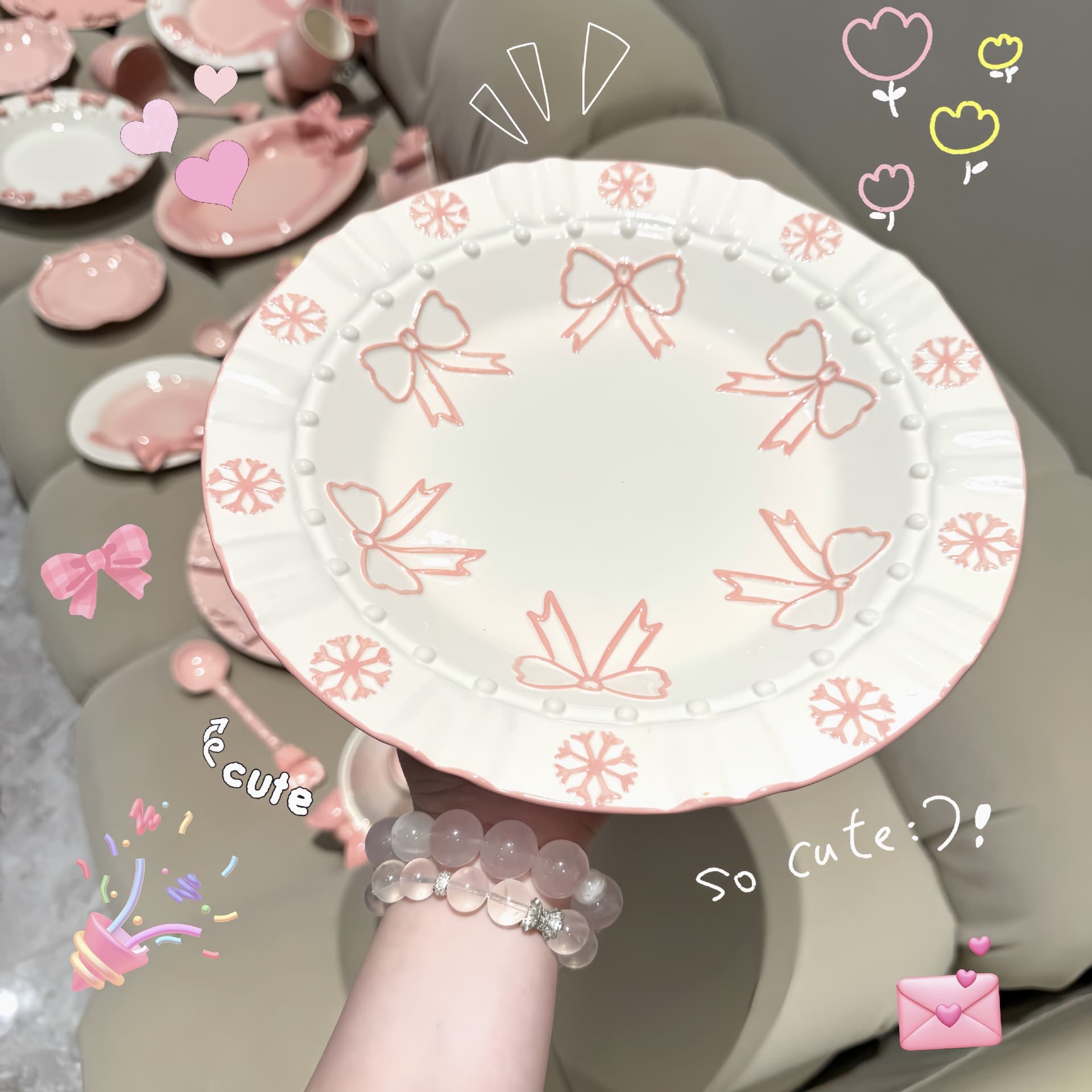 Little Princess Bowknot Dinnerware Set Ceramic Plate Home Rice Bowl Dessert Fruit Plate Breakfast Plate Ins Cute