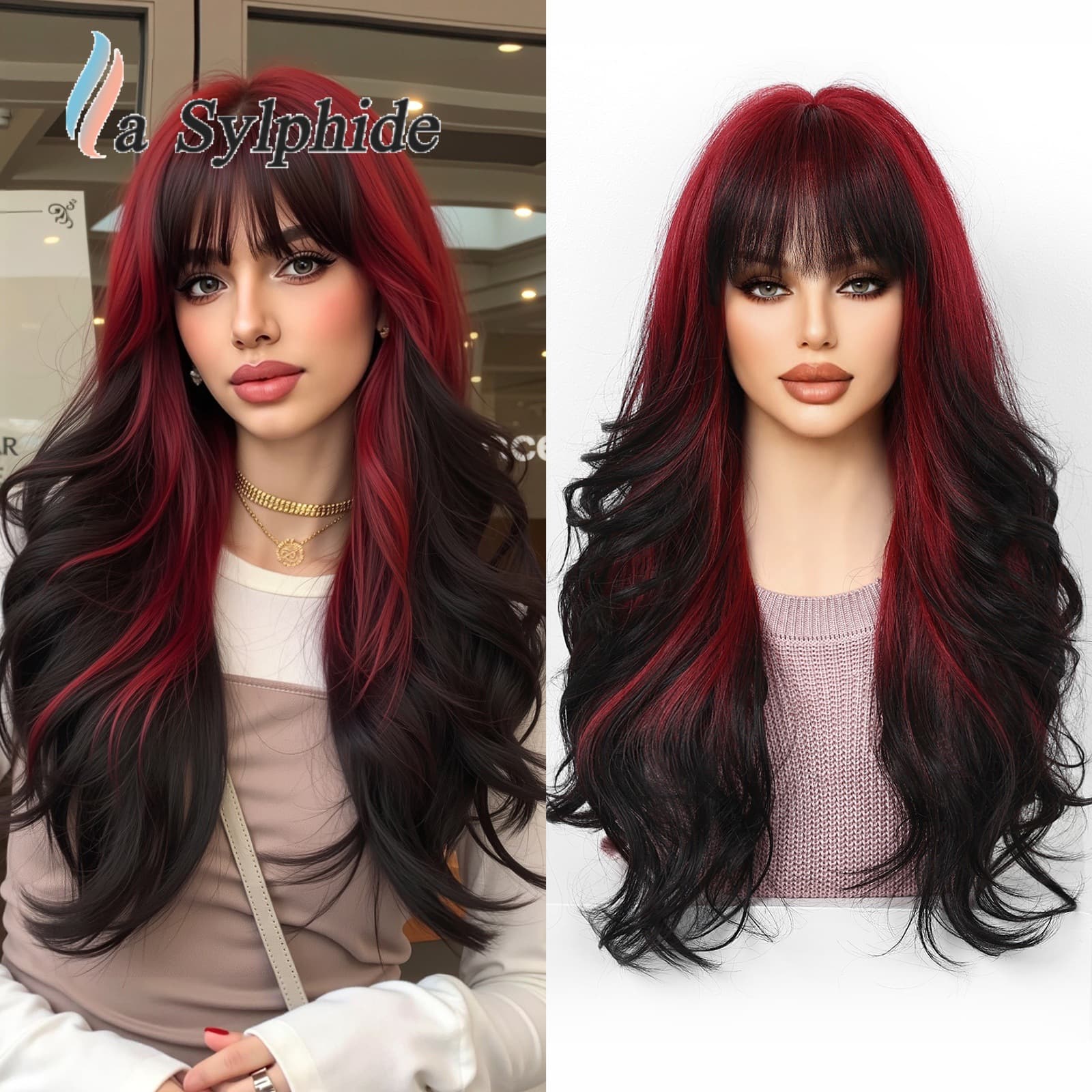 cos European and American wig female full head cover burgundy gradient full bangs high temperature silk long curly hair Halloween party wig