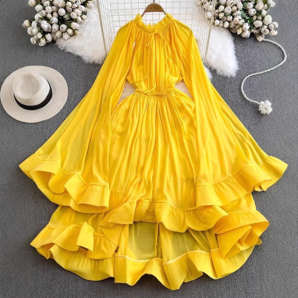 Cross-border party dress, French socialite style, flared long sleeves, round neck, tie waist, A-line with ruffled hem