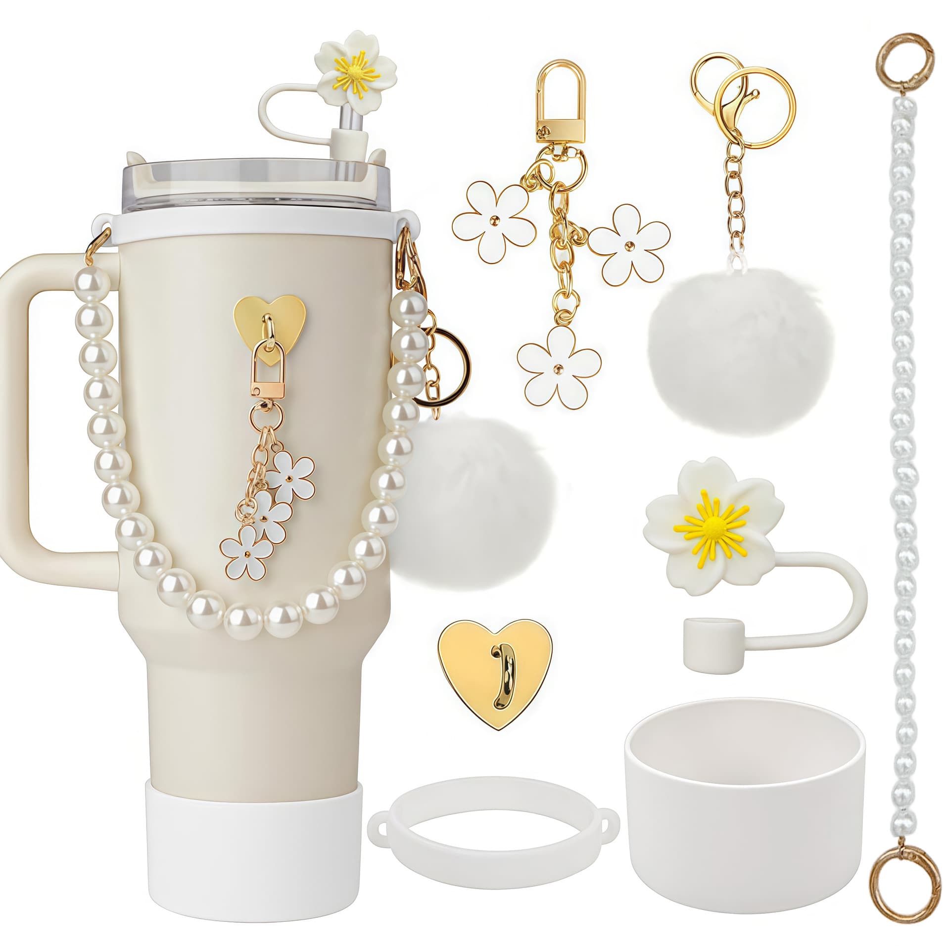 Stanley Cup Accessories Set with Begonia Flower Silicone Straw Cover, Cup Sleeve, Pom-Pom Handle Strap, Tumbler Accessories