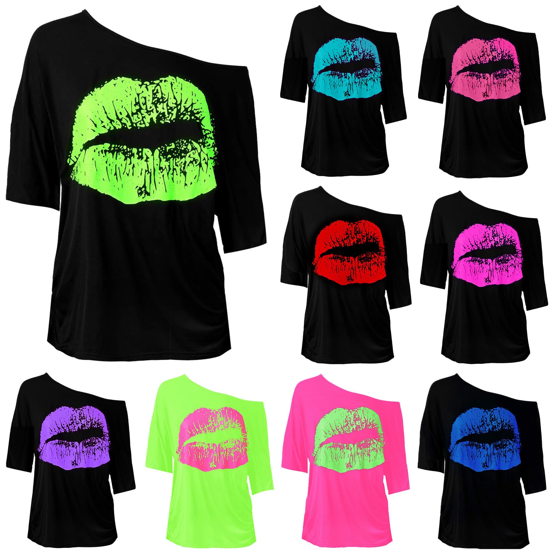 Amazon European and American women's spring and autumn cross-border nostalgic big lip print 80s clothing women's off-shoulder T-shirt