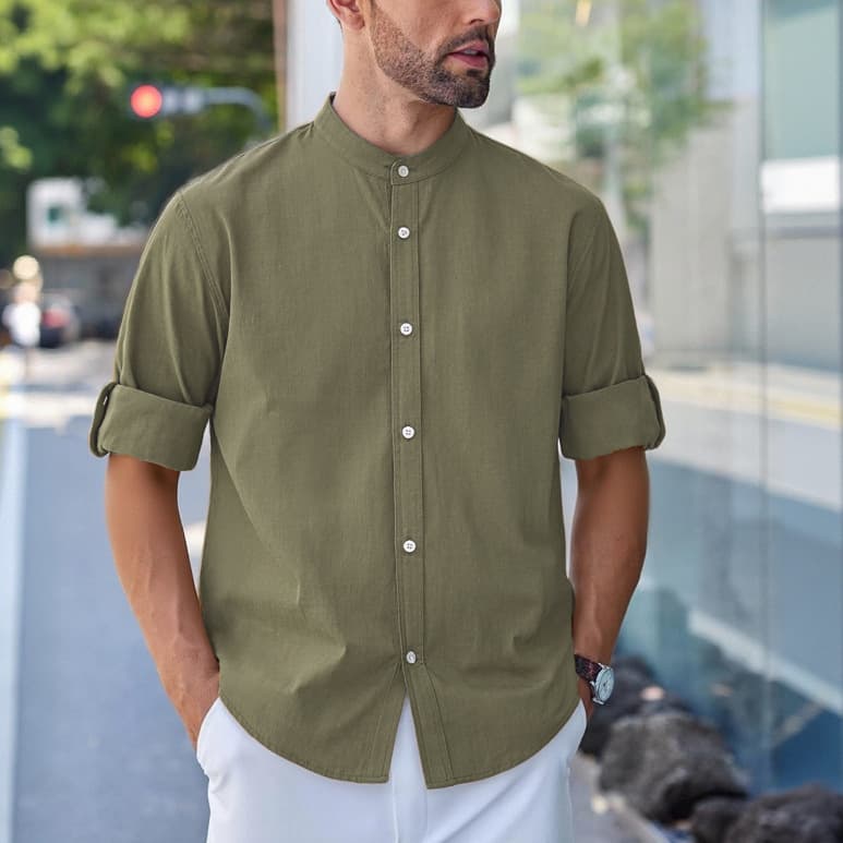 Cross-Border Foreign Trade Stand-Collar Long-Sleeve Shirt, Spring and Autumn Japanese Retro Solid Color Commuter Trendy Brand Roll-Up Sleeve Shirt Jacket for Men