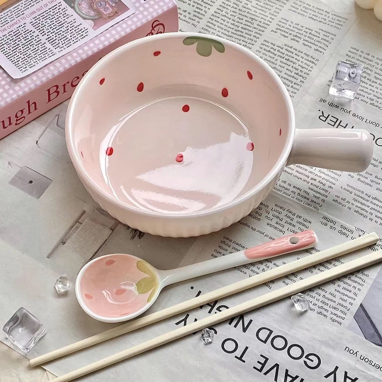 Pink Cute Strawberry Ceramic Single-Serving Bowl with Handle for Instant Noodles, Underglaze Color, High-Aesthetic Home Tableware Set