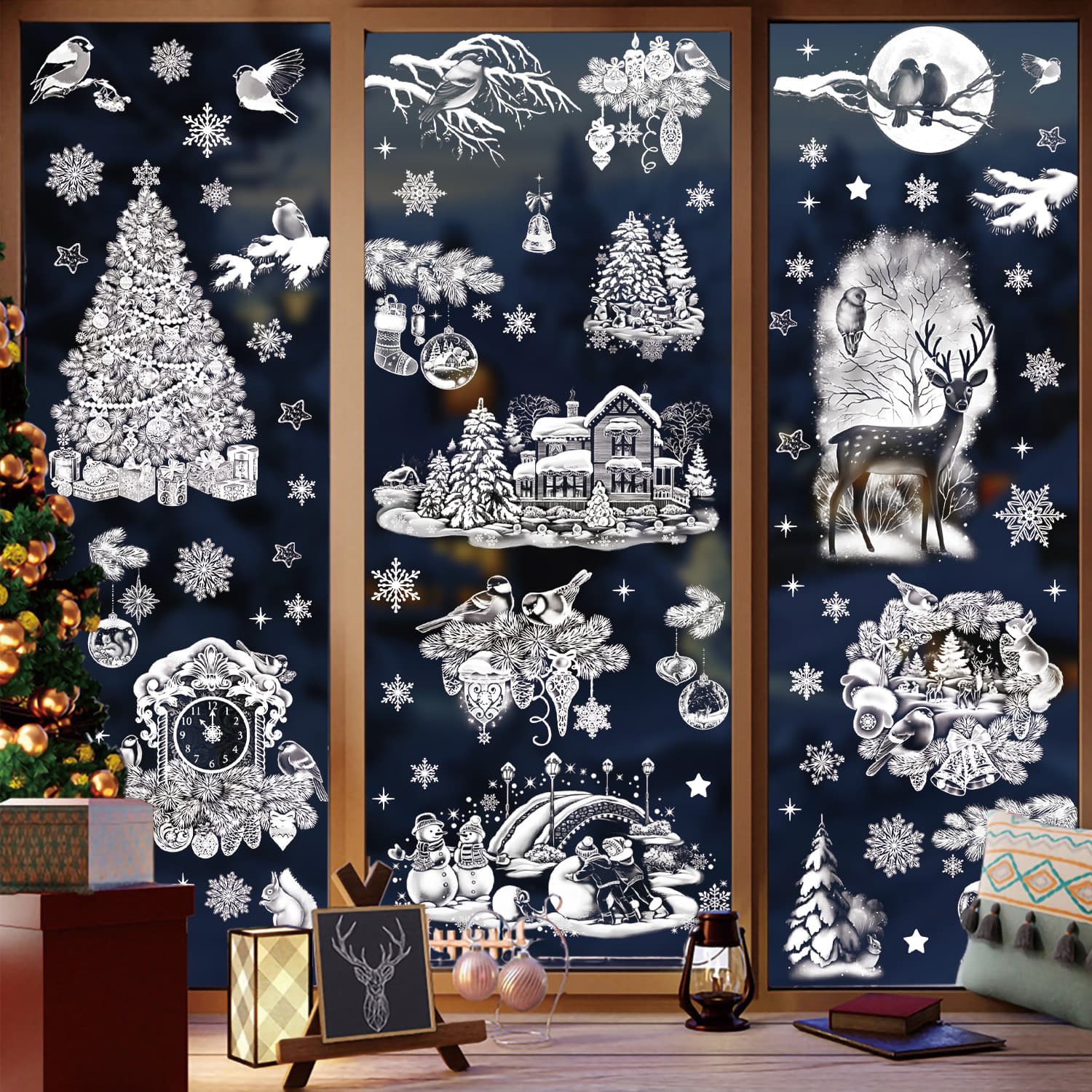 Christmas Stickers with Snowmen, Snow Houses, and Trees, Creative Static Cling Decals for Window and Shop Display