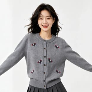 PB&ZA 2026 Autumn New Full Print Pony Embroidery Round Neck Long Sleeve Knit Cardigan