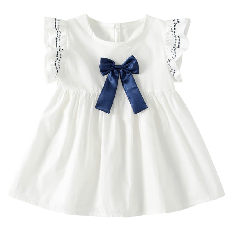 Girls Dress 2026 Summer New Arrival Bowknot White Dress Pure Cotton School Style Flutter Sleeve Princess Dress