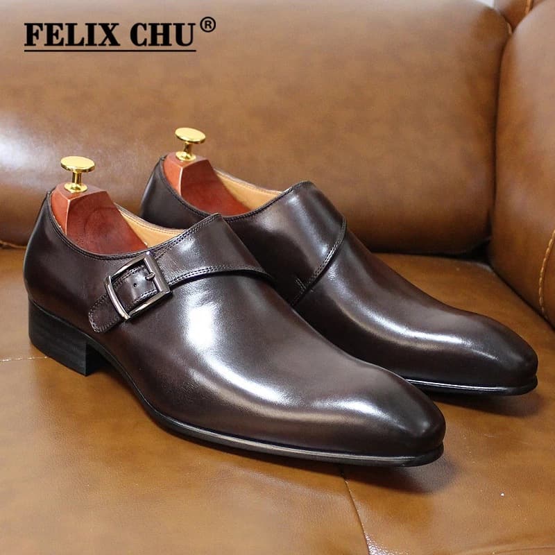 Men's Leather Shoes Sharp Point Single Buckle Business Casual Genuine Leather Formal Men's Shoes Felix Chu Monk Shoes Rubber Sole
