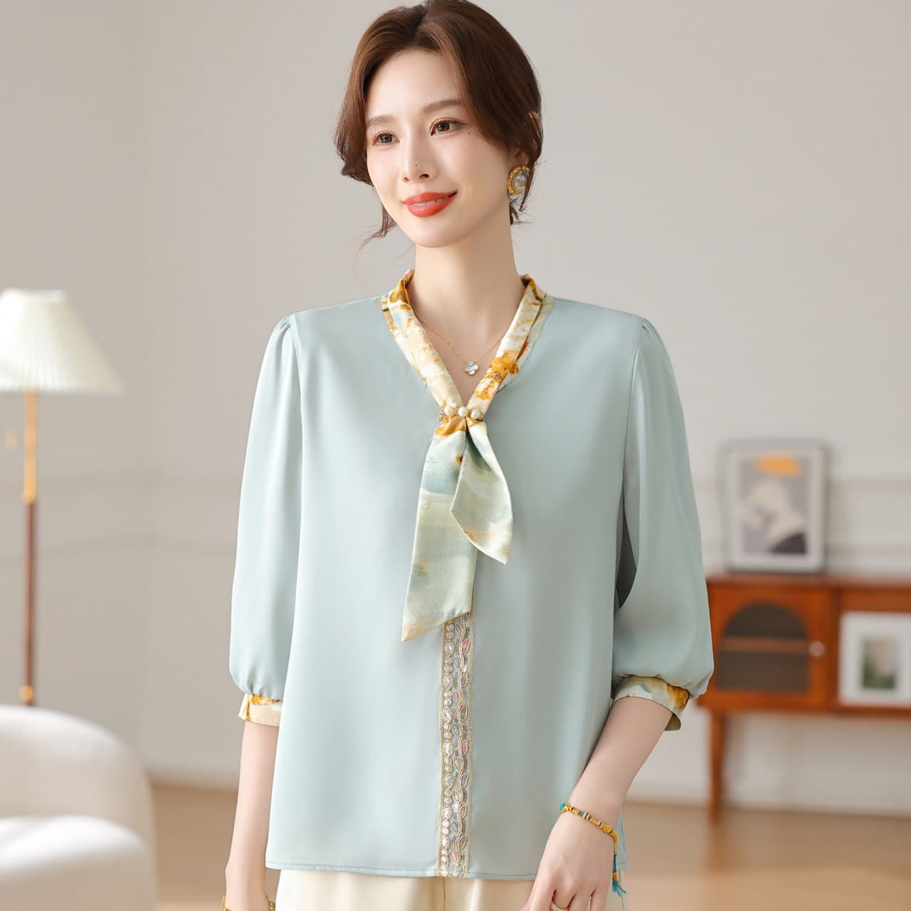 Middle-aged Mother Summer Blouse 2026 New Elegant Medium Sleeve Top Women's Summer Satin Clothing