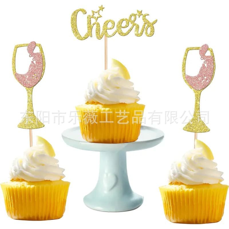 Cake Decoration Wine Glass Cheers Party Supplies Glitter Paper Baking Cake Insert Flag Insert Card Dessert Table