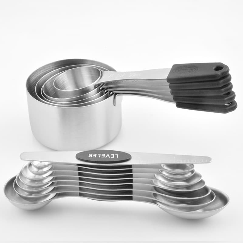 New Stainless Steel Measuring Cup and Spoon Set, Kitchen Baking Tool with Black Silicone Handle and Graduated Markings