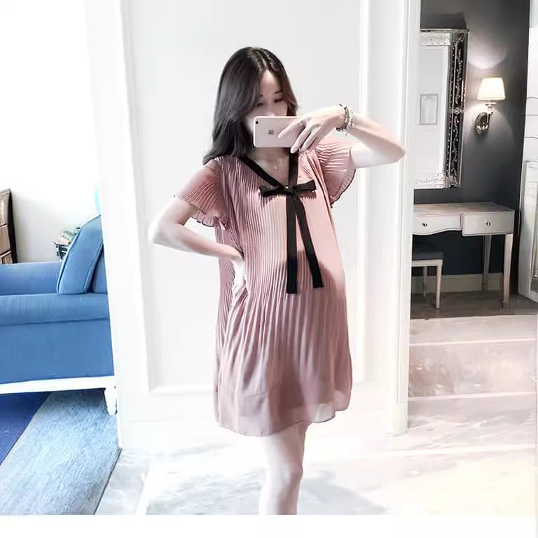 Real Price Maternity Wear 2025 Summer New Pleated Dress Korean Style Loose Mid-Length Chiffon Maternity Dress
