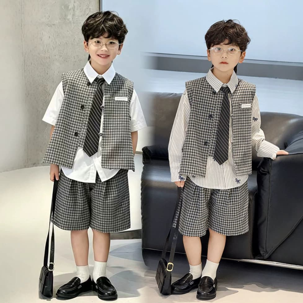 Boys Korean Plaid Vest and Shorts Set, Children's British Style School Uniform, Kids Multi-Piece Set Wholesale