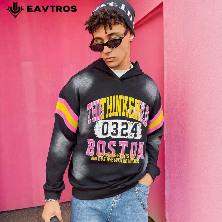Y2K American campus pink and yellow double stripes 0324 digital contrast printing oversize heavyweight casual sweatshirt