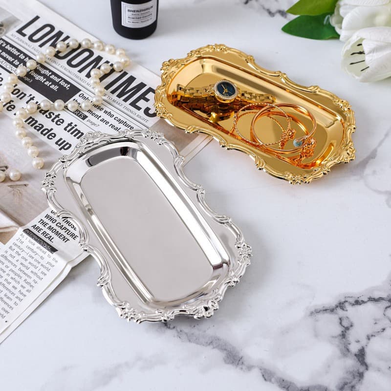 Metal Embossed Plate Small Dish Retro Aromatherapy Silverware Tray Jewelry Storage Dish Dessert Cake Plate