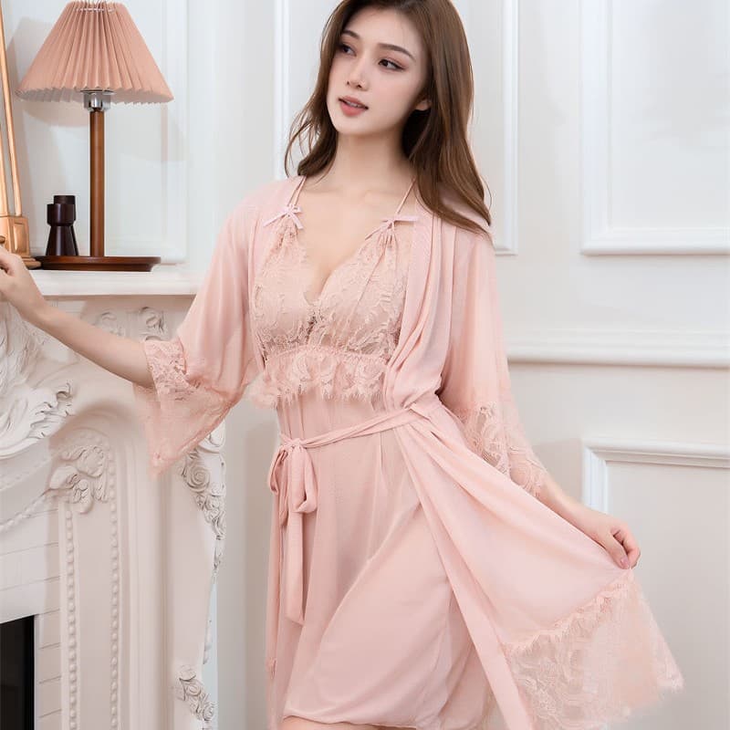 Plus Size Women Lingerie Lace Camisole See-Through Mesh Nightgown Cross-Border Wholesale Sexy Sleepwear 4-Piece Set