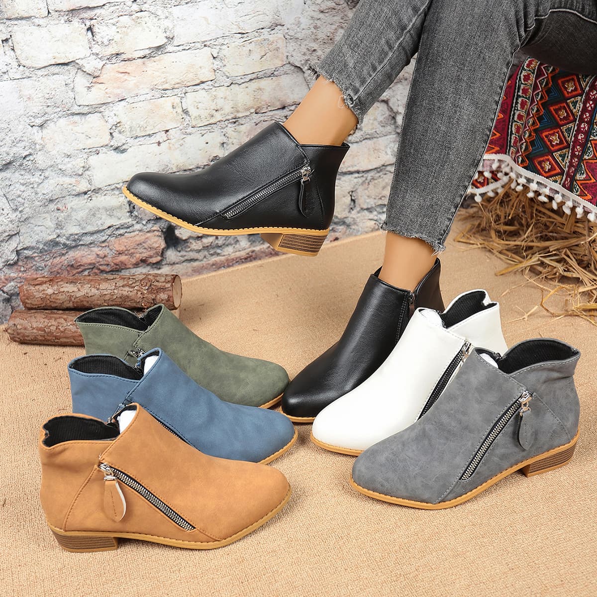 Women's Side Zipper Martin Boots, Short Boots, New Autumn Winter Large Size Chunky Heel 43 Women's Short Boots