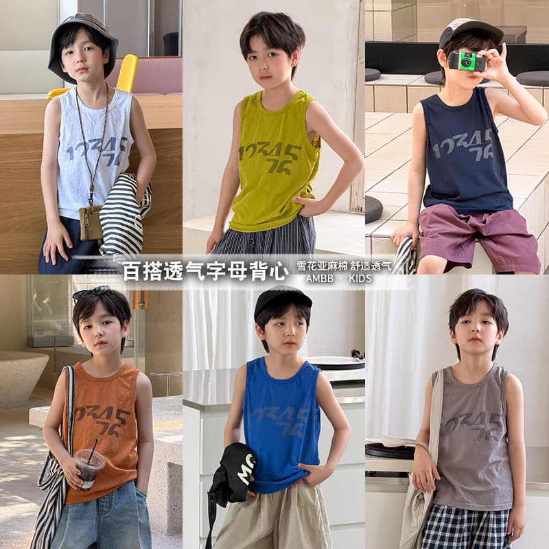 Aimo Beibei Boys' 2026 Versatile Cool Linen-Cotton Sleeveless Top Kids' Letter Printed Breathable Vest