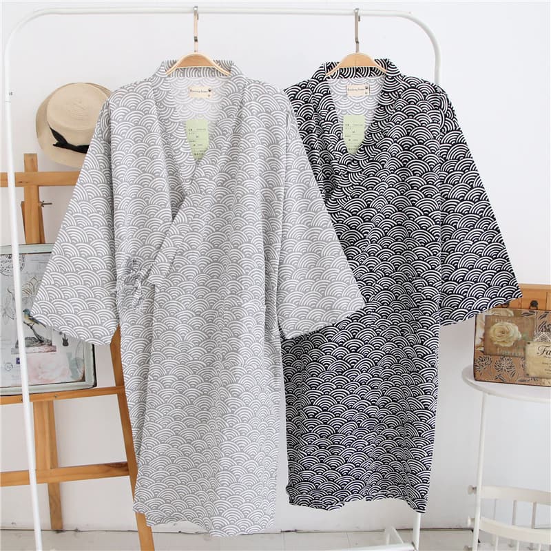 Japanese Men's Double-Layer Gauze Cotton Spring/Autumn Thin Kimono Sleepwear Bathrobe Mid-Length Home Loungewear