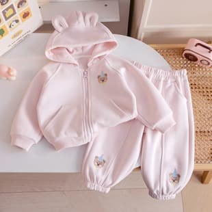Girls' Cute Cartoon Set 26 Spring/Autumn New Style Bear Hooded Cardigan Top Dopamine Sweatpants Two-Piece Trendy Outfit