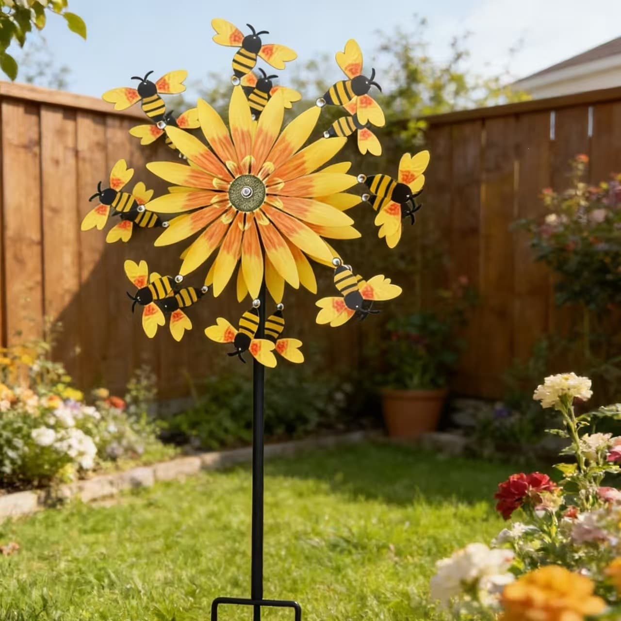 Amazon Novelty Cute Sunflower and Bees Wind Spinner Metal Sunflower Windmill