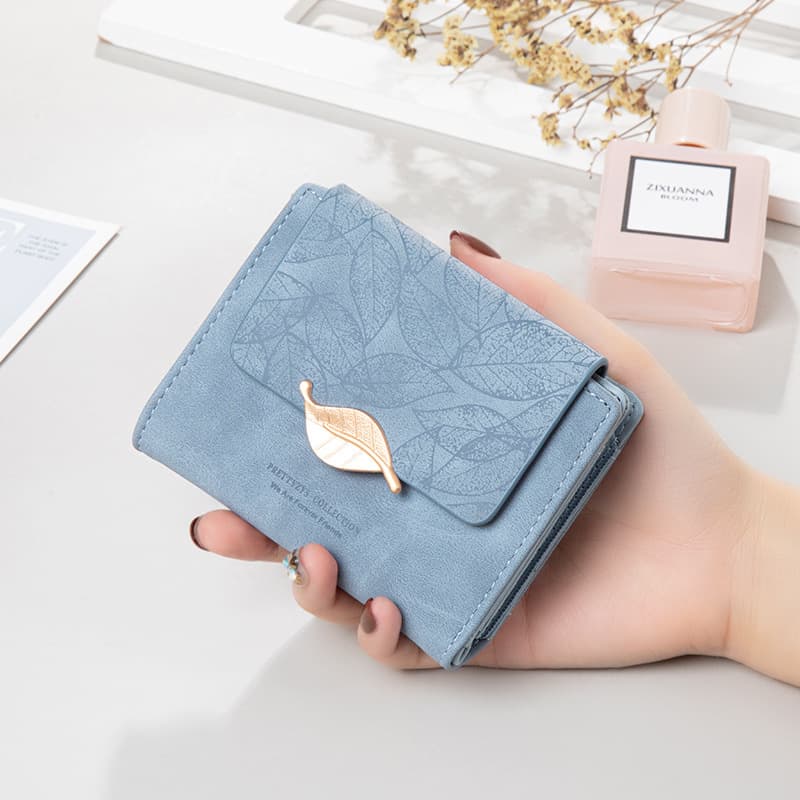 Fashionable Short Wallet for Women Simple Retro Matte Leaf Design Urban Simplicity Pure Color PU Leather Handbag Accessory
