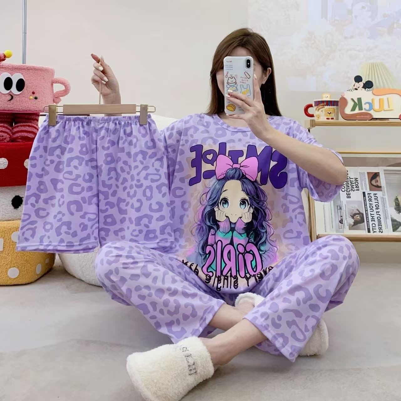 Hot Sale Thailand Pajamas Women Summer Short Sleeve Shorts Long Pants 3-Piece Cartoon Homewear Pajamas