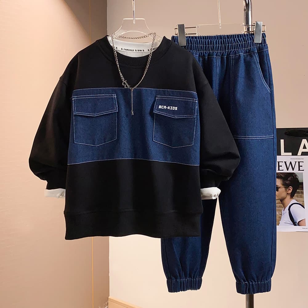 Boys' Autumn Denim Patchwork Set 2026 Big Kids' Cargo Hoodie and Casual Jogger Pants Two-Piece Trendy Outfit