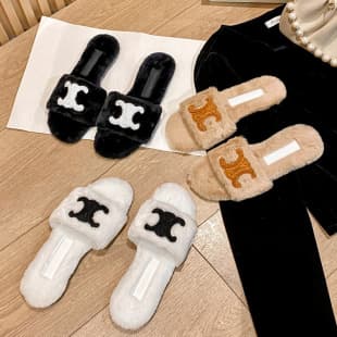 Super Hot~ Arc de Triomphe 2025 Autumn/Winter New Fashion Fur Slippers, Ins Trendy Versatile Wool One-Strap Outdoor Slippers