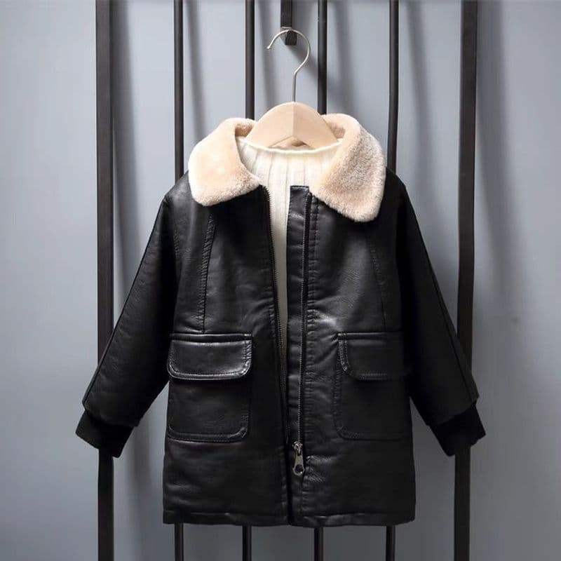 Children Leather Jacket Boys Girls 2023 New Korean Autumn Winter Fleece Lined Thickened Mid Long Boys Leather Coat