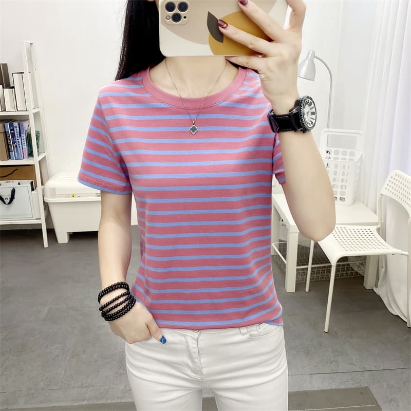 Summer Plus Size Loose Fit Pure Cotton Short Sleeve Striped Women's T-Shirt Casual Style Comfortable Breathable Round Neck Top