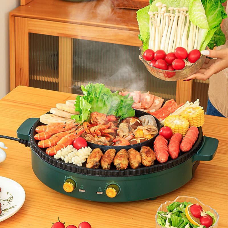 Dual-Function Shabu-Shabu & BBQ Non-Stick Pot, Large Split Hot Pot, Multi-Function Electric Cooker & Grill Pan
