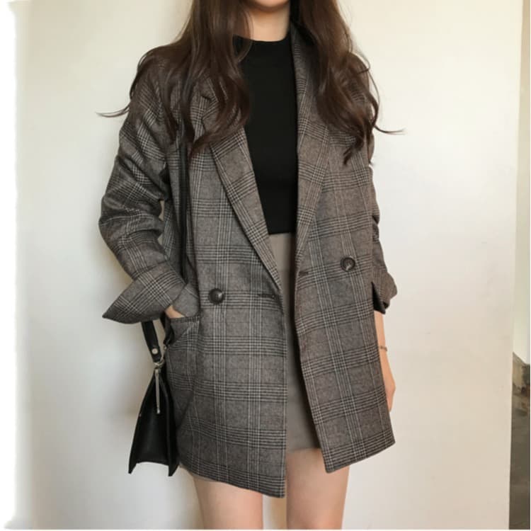 Korean Autumn/Winter Simple Retro Style Plaid Lapel Two-Button Loose Double Pocket Long Sleeve Blazer for Women