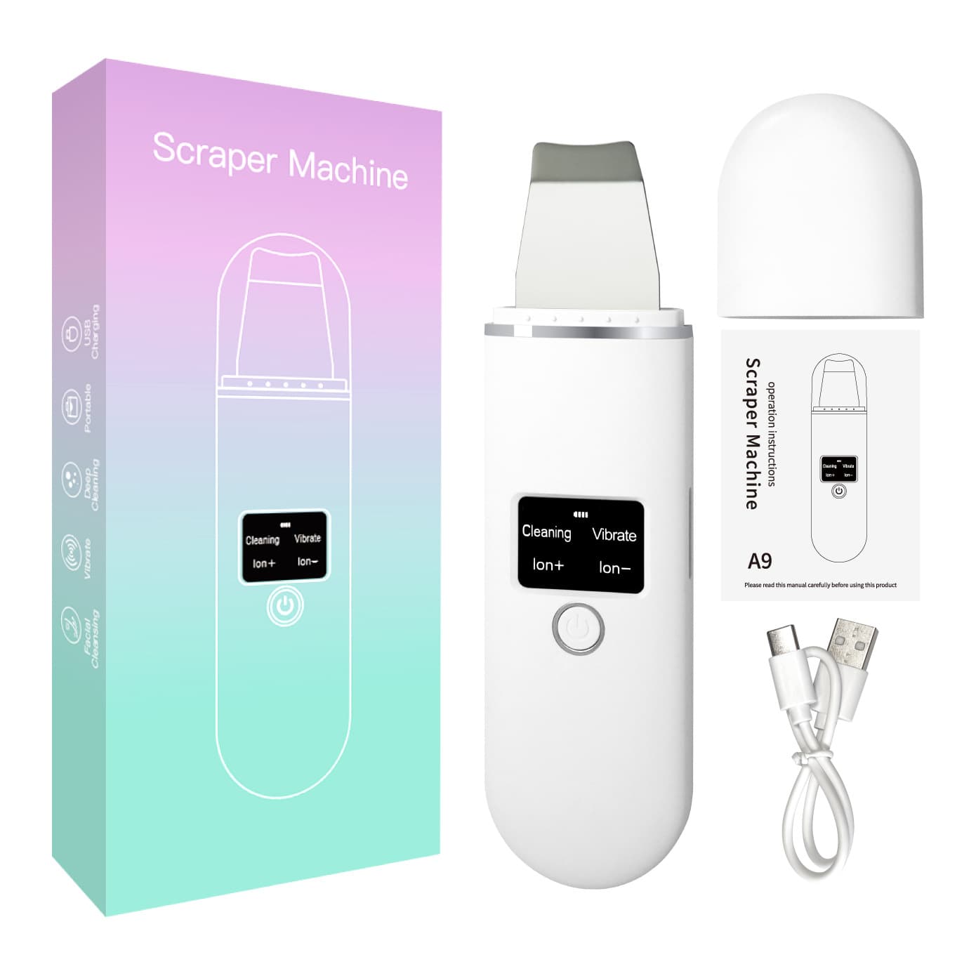 Ultrasonic electric facial exfoliator, pore cleanser, skin scraper, facial beauty device, skin cleansing instrument for home use.