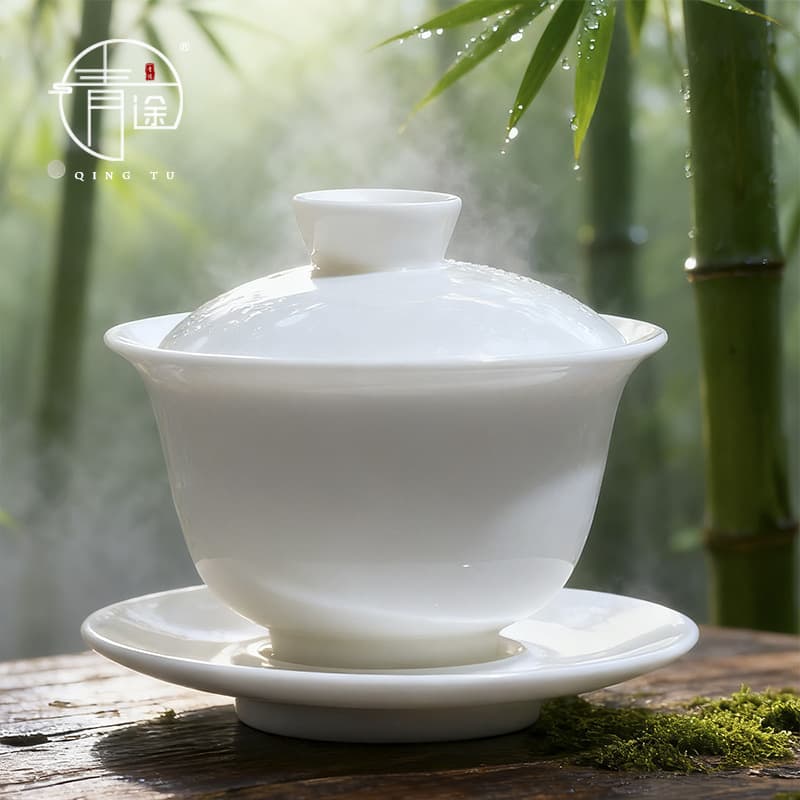 Suet Jade Porcelain Tea Set Sancai Lidded Bowl Set, Pure White Porcelain Large Lidded Cup, Ceramic Heat-resistant Tea Brewing and Pouring Tool, Customizable