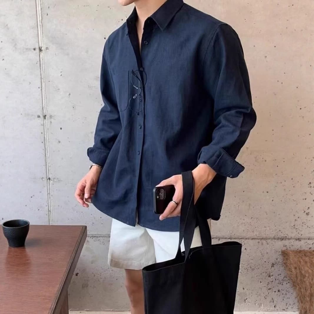 Foreign Trade Long Sleeve Shirt Men Summer Thin Trendy Brand Edgy Streetwear Wrinkle-Free Feel Linen Casual Shirt Lazy Style