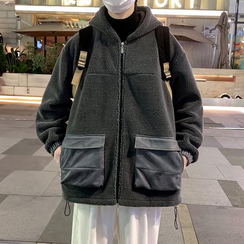 Plus-size workwear hooded double-sided lamb fleece jacket for men, extra large size, trendy mid-length outerwear.