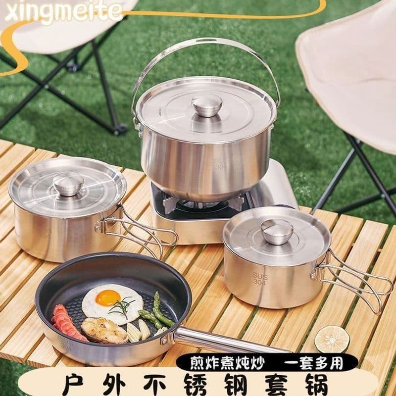 304 Stainless Steel Camping Cookware Outdoor Set - Kettle, Pot, Portable Stove, Hanging Pot, Wok Pan