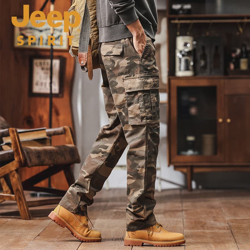JEEP SPIRIT Men's Autumn Winter Thick Straight Camo Pants Tapered Cargo Multi-Pocket Outdoor Casual Trousers