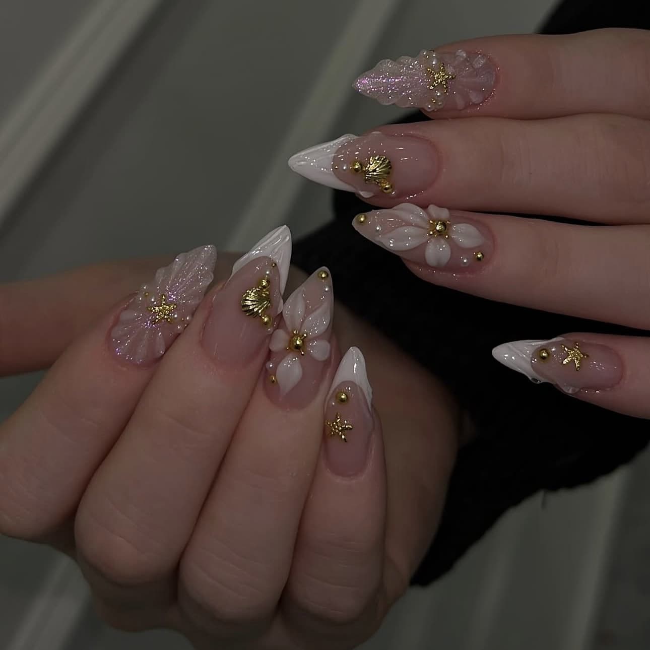 Export Style 3D Flower French White Edge Nail Tips Press-On Nails Minimalist Gold Star False Nails Nail Tips