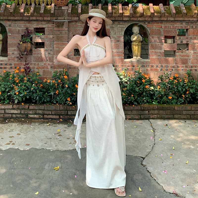 Irregular Ruffle Hem Halter Vest Women's Summer Bohemian Set with Rhinestone Skirt Chiffon Two-Piece Set