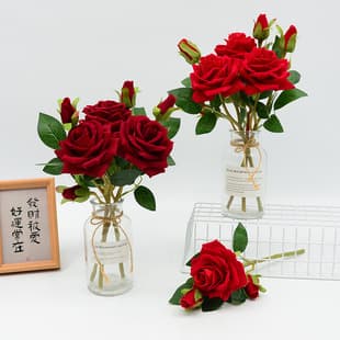 Artificial Rose 3-Head Velvet Rose Single Stem, Hotel Table Flower, Conference Table Flower, Living Room Decoration Flower Arrangement