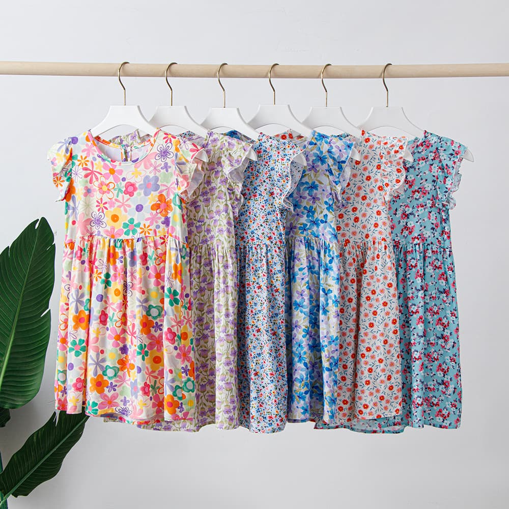 Girls Cotton Silk Summer Dress Floral Print Little Princess Dress Mother-Daughter Matching Long Dress