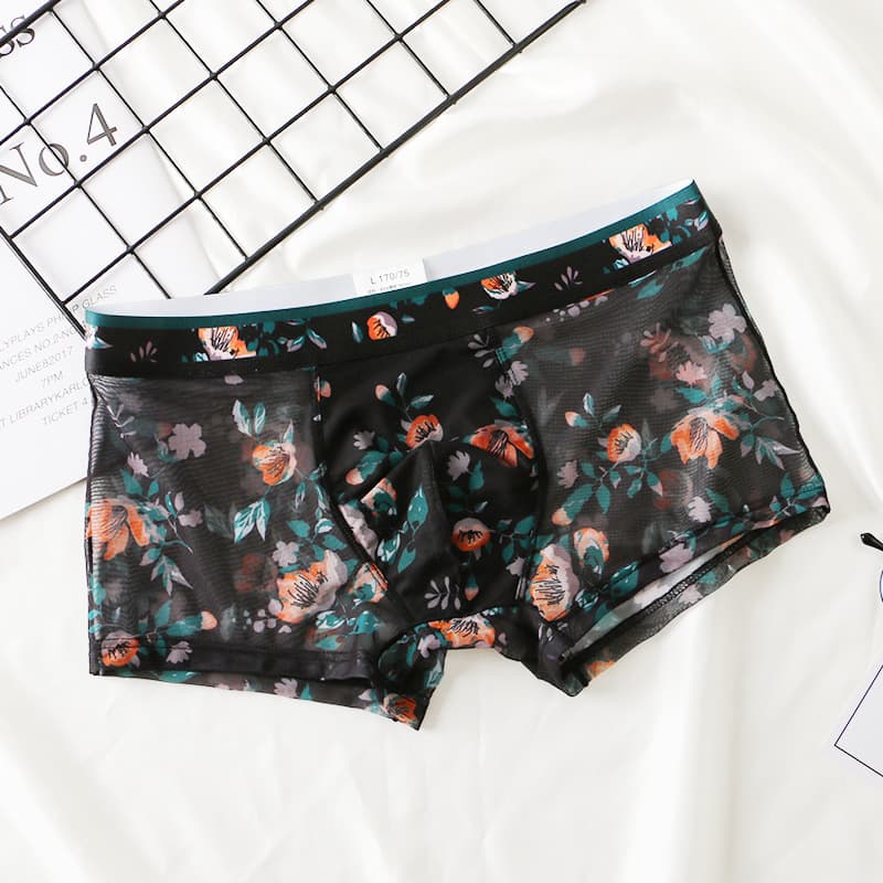 Men's Summer Thin Mesh Underwear Transparent Printed Boxer Shorts Breathable Briefs Floral Pattern Mid Waist Nylon Shorts