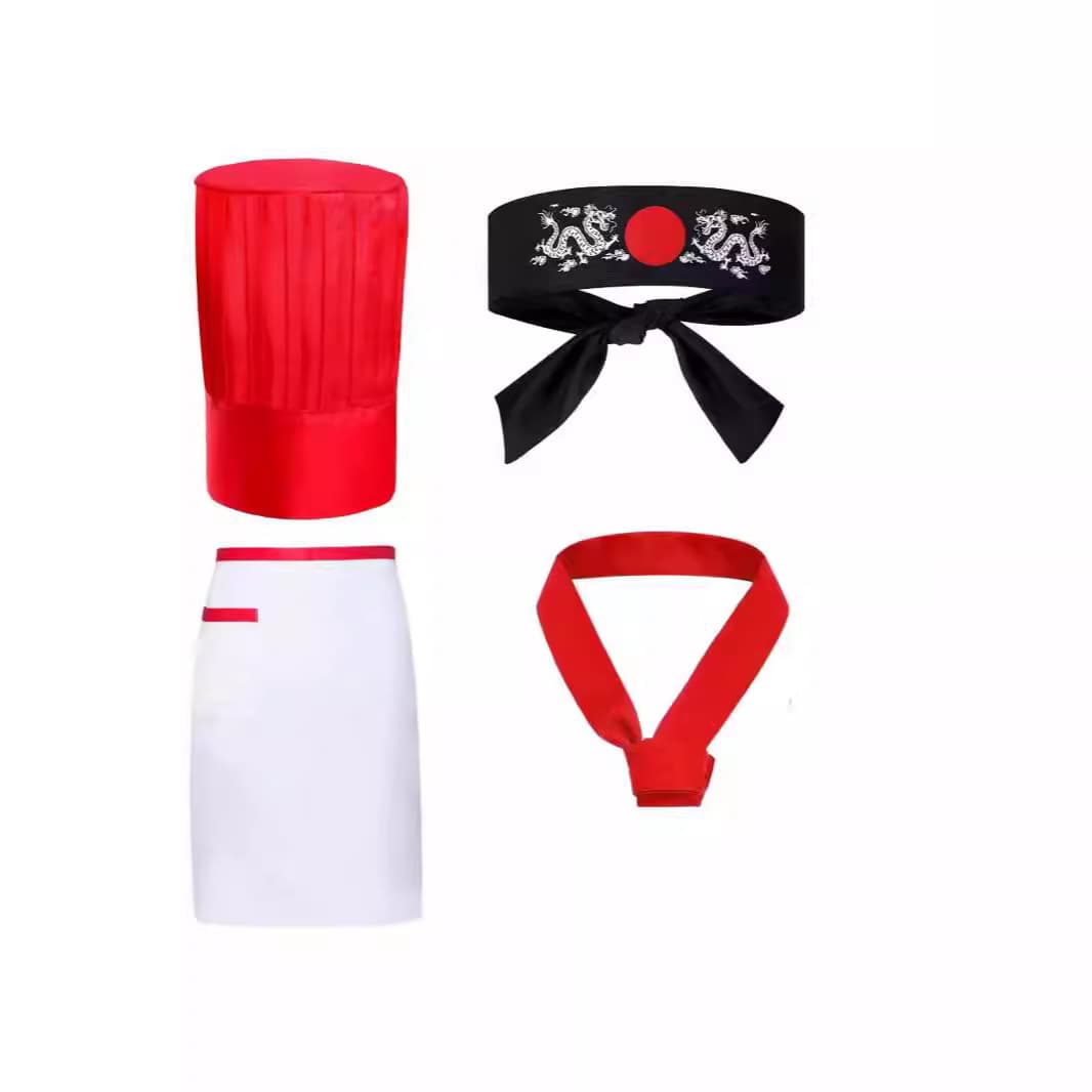 Chef Work Clothes Set with Scarf, Sweat Towel, Hat, Apron, and Turban - Kitchen Restaurant Uniform Accessories