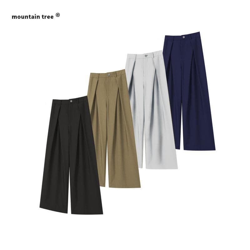 Heavyweight TR Blend Pleated A-Line Straight Wide-Leg Casual Trousers Spring Summer Dress Pants Men's Fashion High-Waist