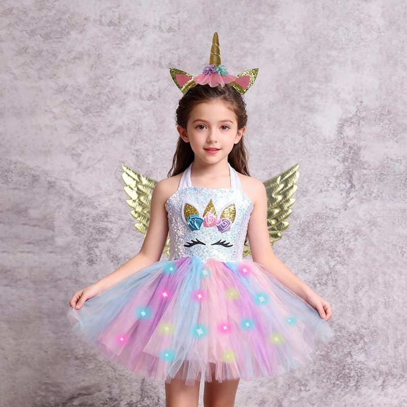 Unicorn Dress Flashing Light Kids Dress Sequins Tulle Dress Princess Angel Wings Party Dress Set Princess Style
